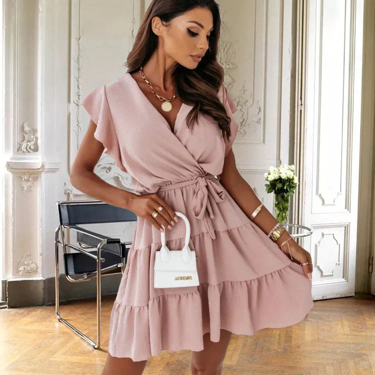 Blossom | Women's Wrap Mini Dress Flutter Sleeve Ruffle Belted