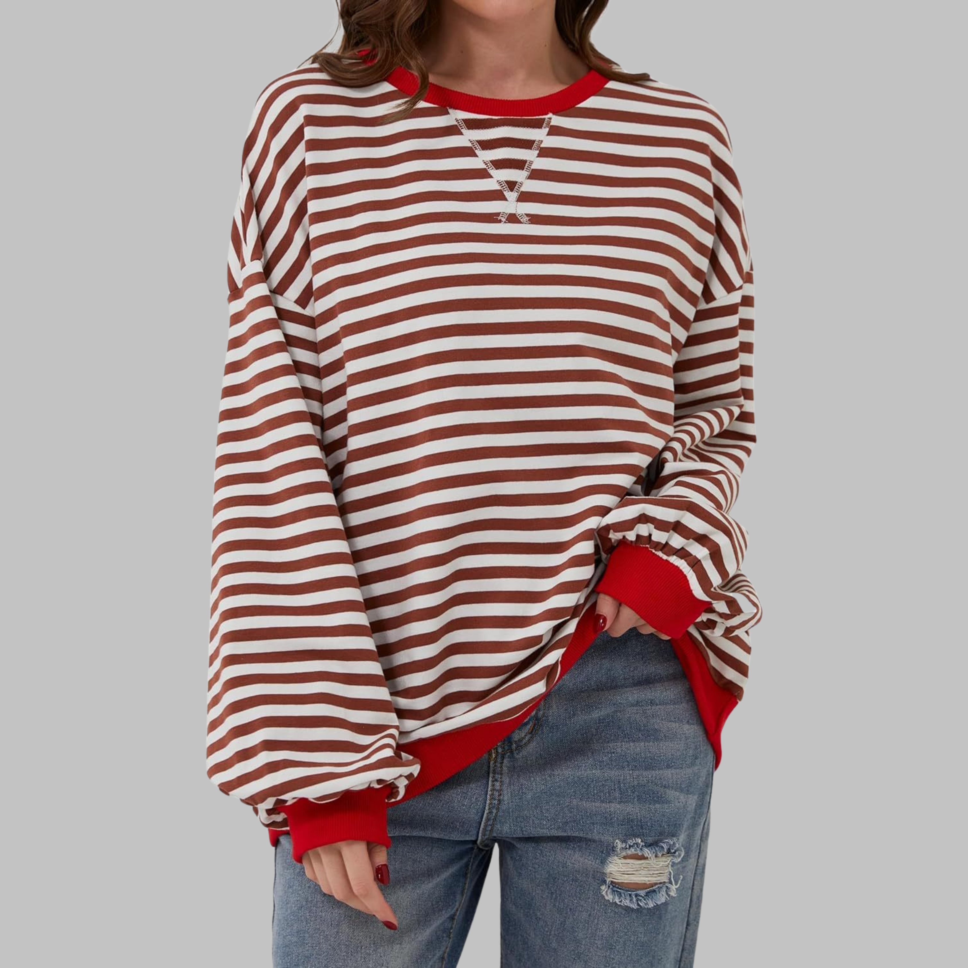 Poppy | Women's Striped Crewneck Long Sleeve Oversized Sweatshirt
