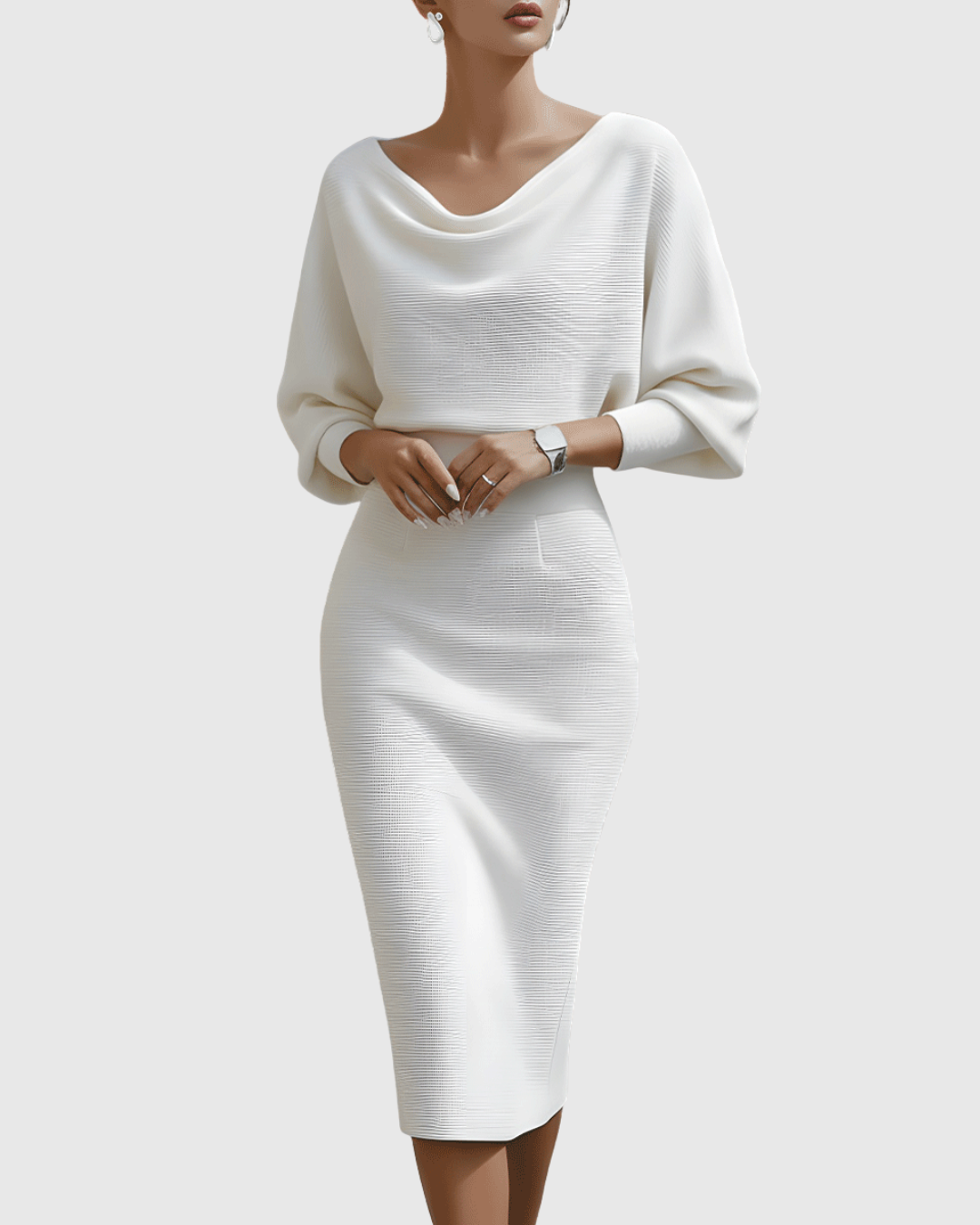 Vivienne | Women's Cowl Neck Batwing Sleeve Ribbed Midi Dress
