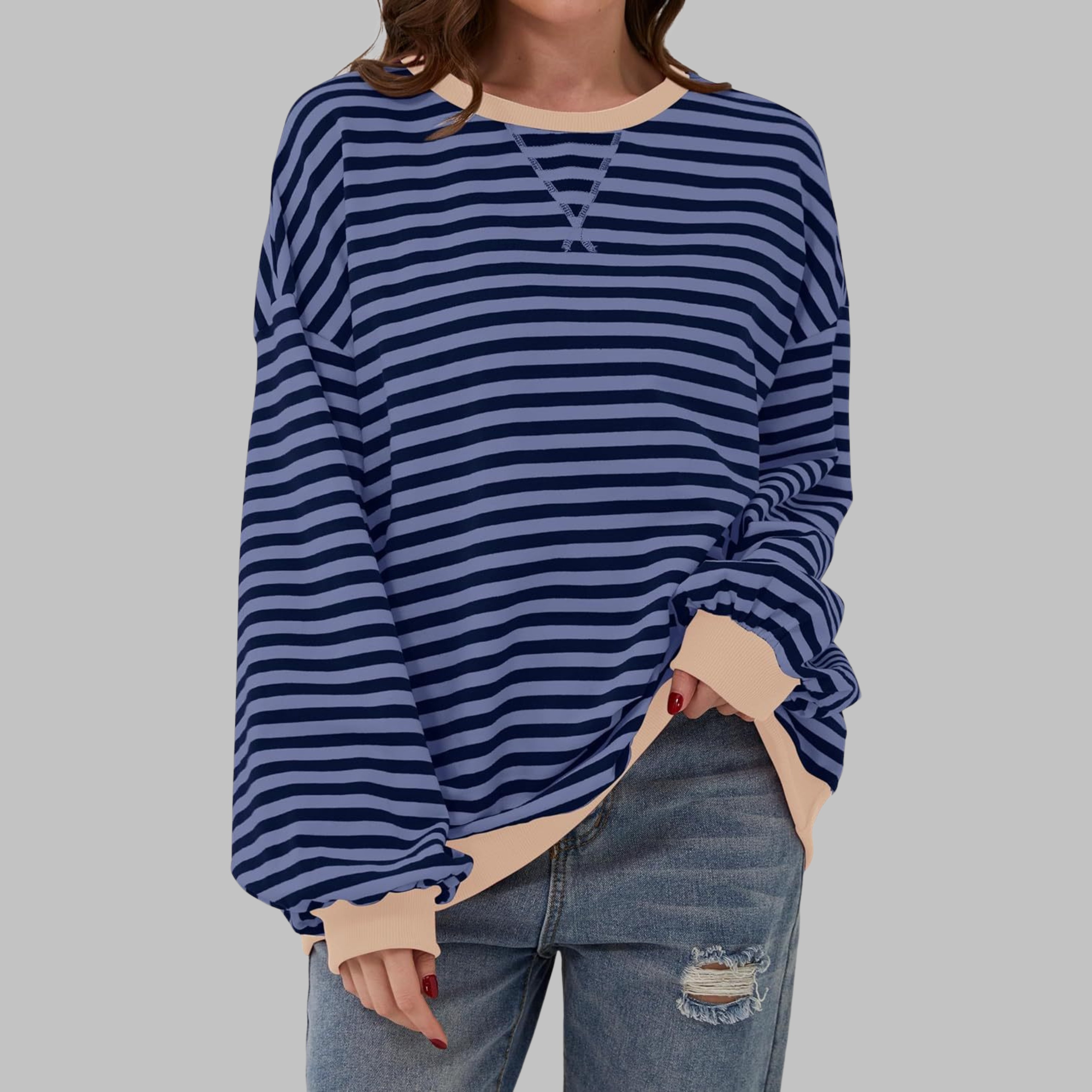 Poppy | Women's Striped Crewneck Long Sleeve Oversized Sweatshirt
