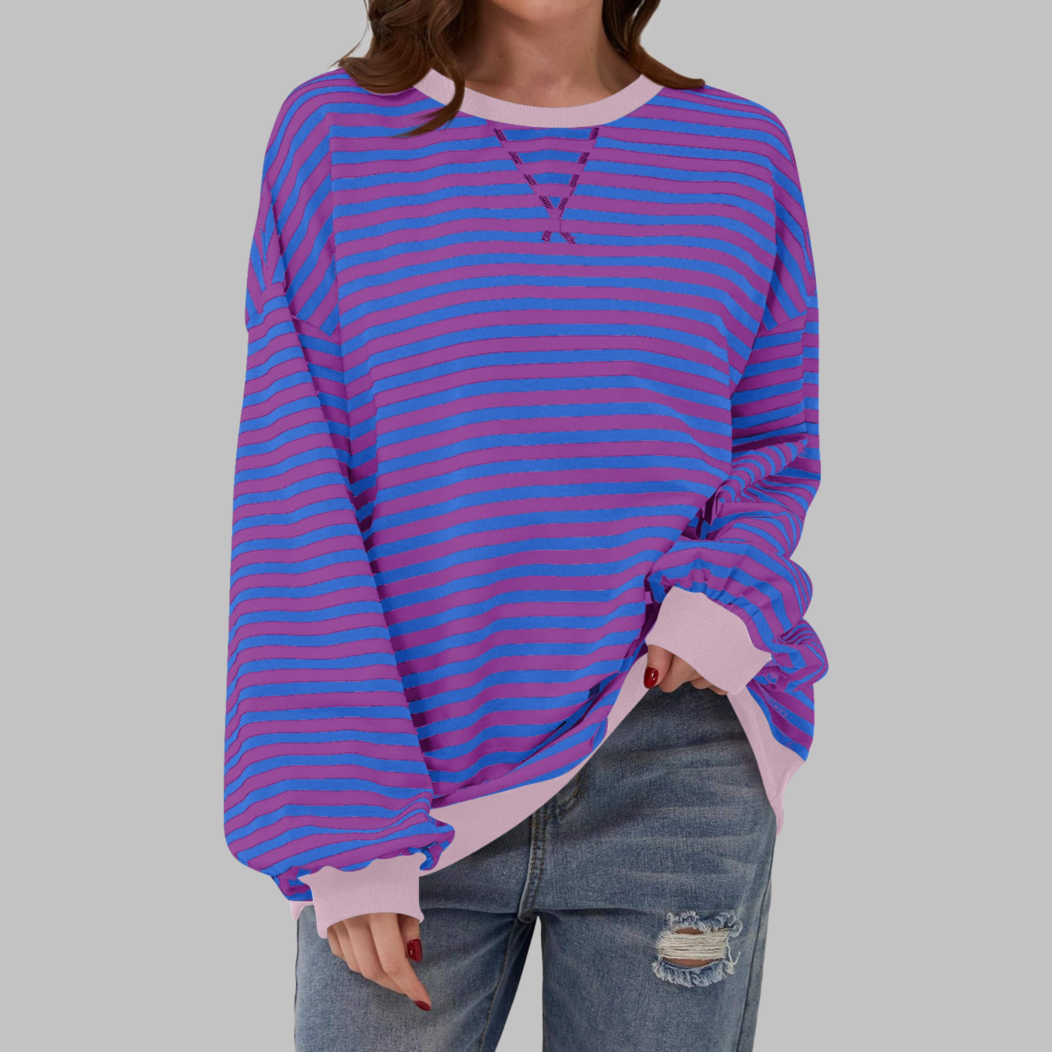 Poppy | Women's Striped Crewneck Long Sleeve Oversized Sweatshirt