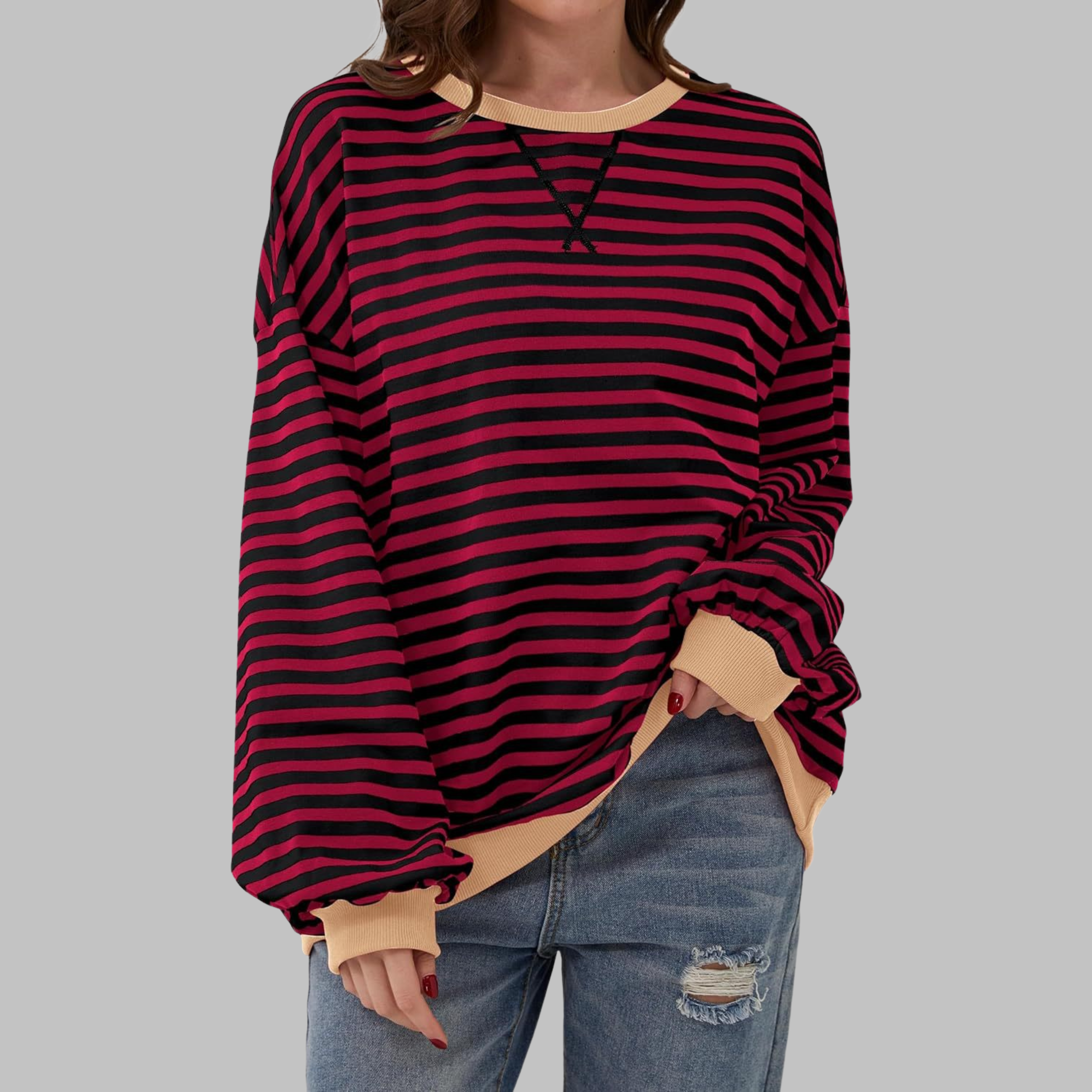 Poppy | Women's Striped Crewneck Long Sleeve Oversized Sweatshirt
