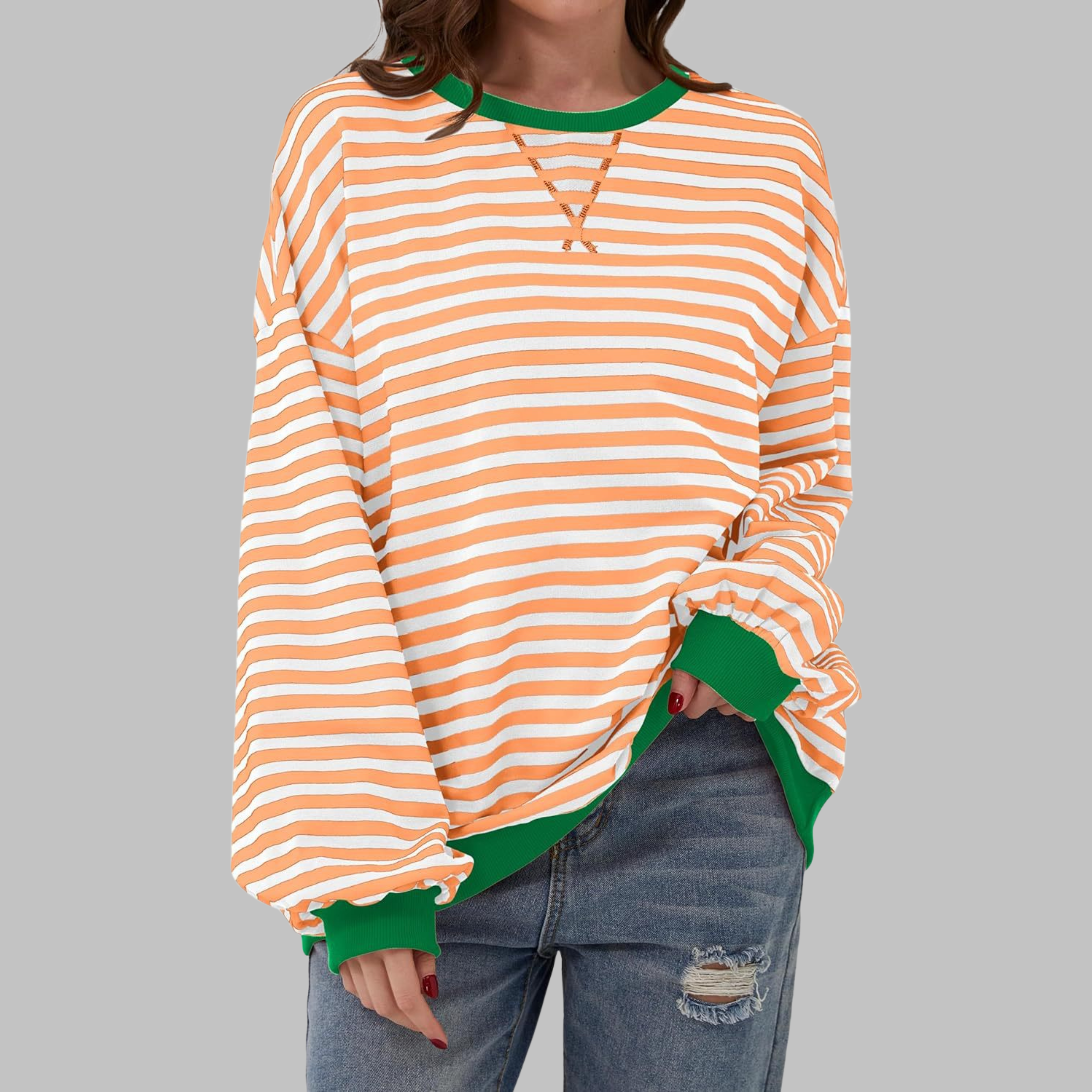 Poppy | Women's Striped Crewneck Long Sleeve Oversized Sweatshirt