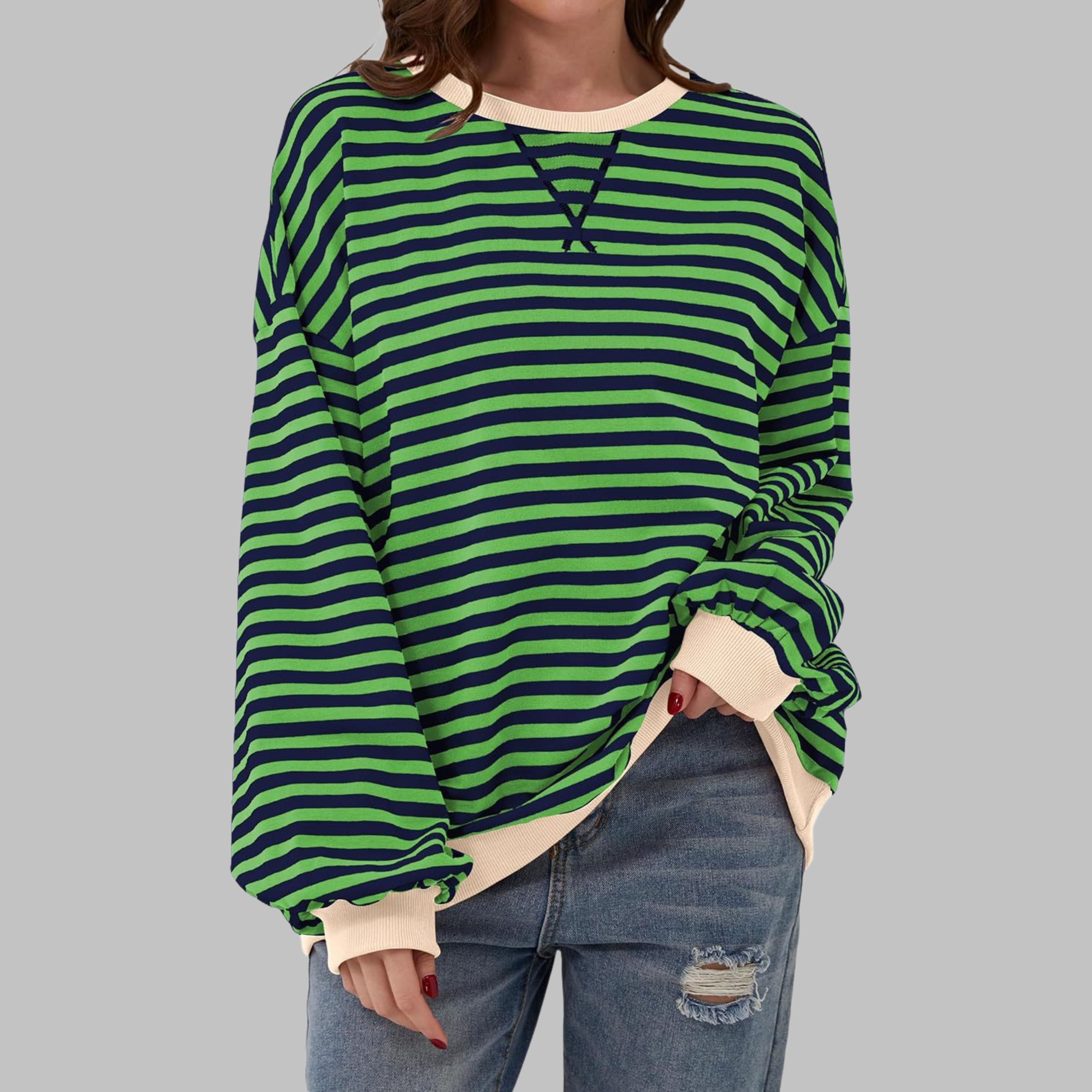 Poppy | Women's Striped Crewneck Long Sleeve Oversized Sweatshirt