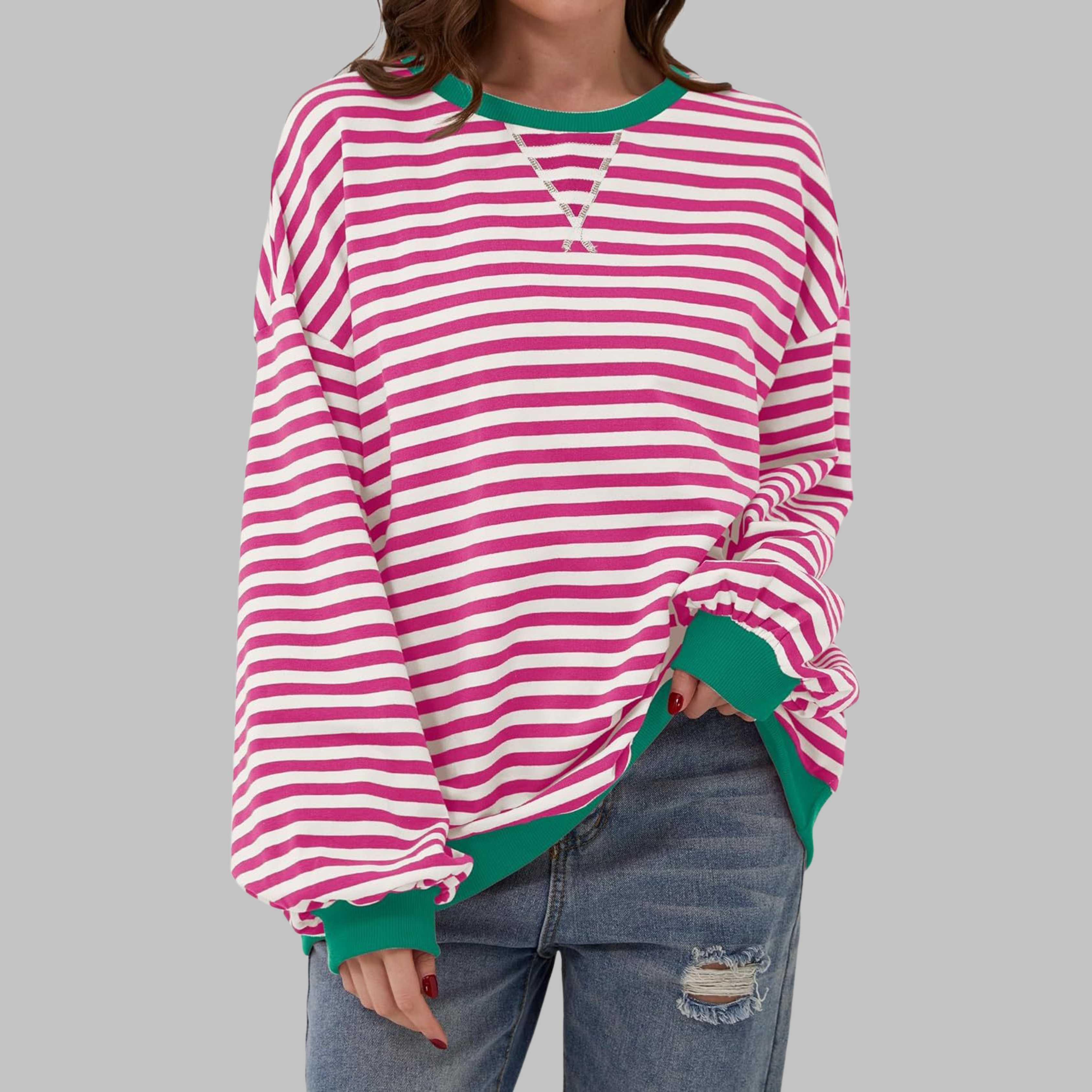 Poppy | Women's Striped Crewneck Long Sleeve Oversized Sweatshirt