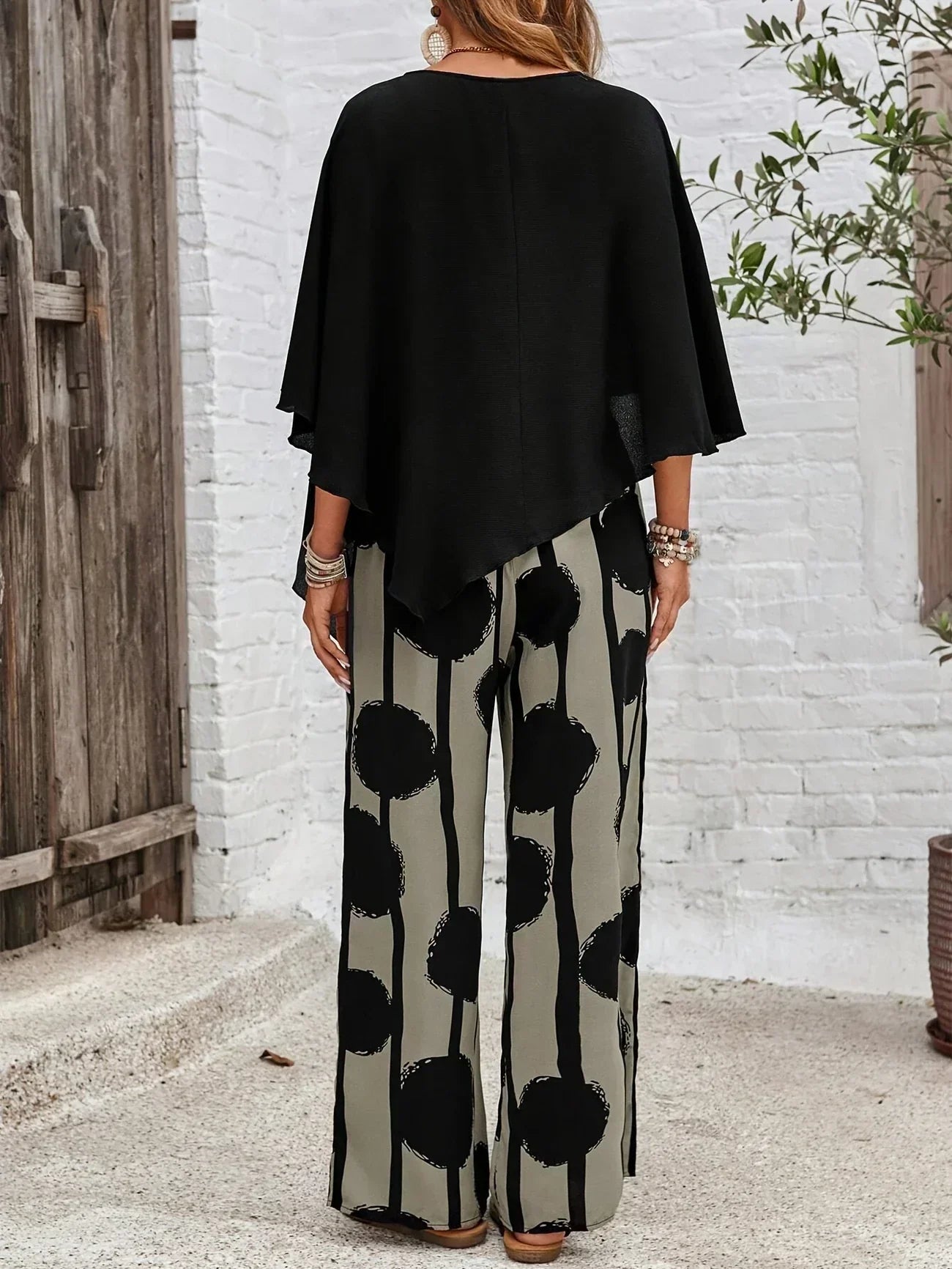 Sage | Women's 2 Piece Set Batwing Top and Wide Leg Print Pants