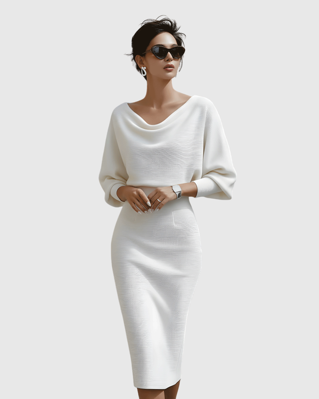 Vivienne | Women's Cowl Neck Batwing Sleeve Ribbed Midi Dress