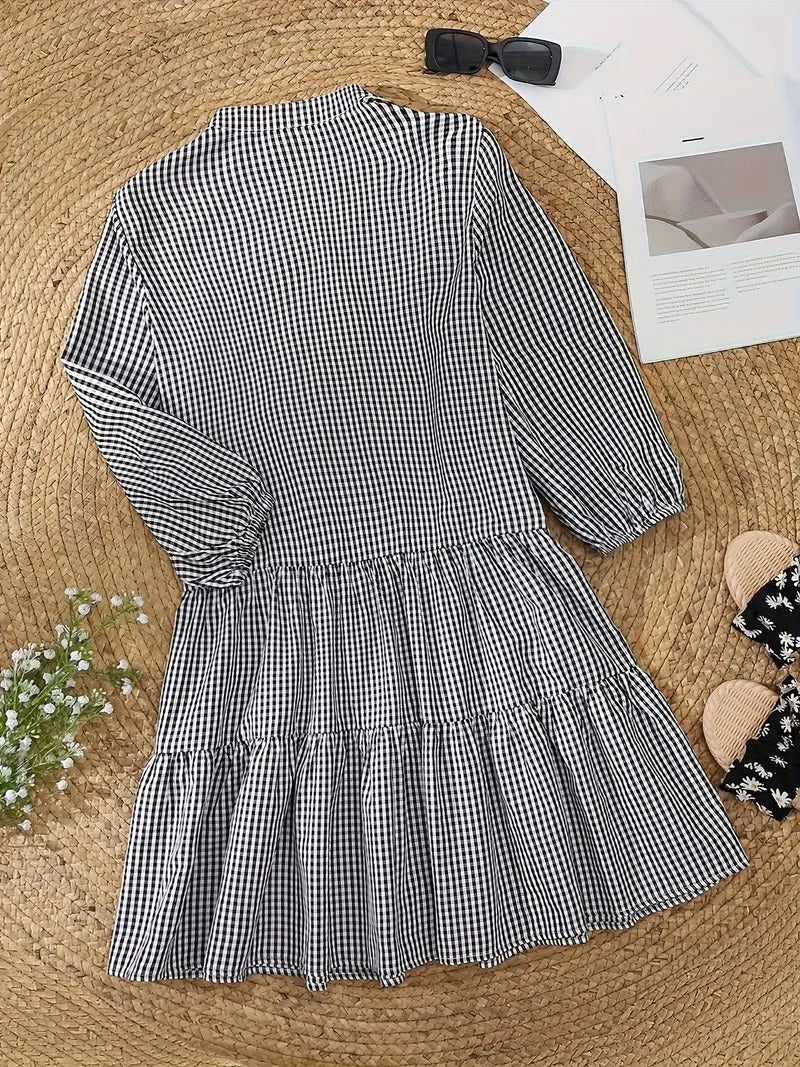 Rosie | Women's Gingham Print Button-Down Mini Dress 3/4 Sleeve