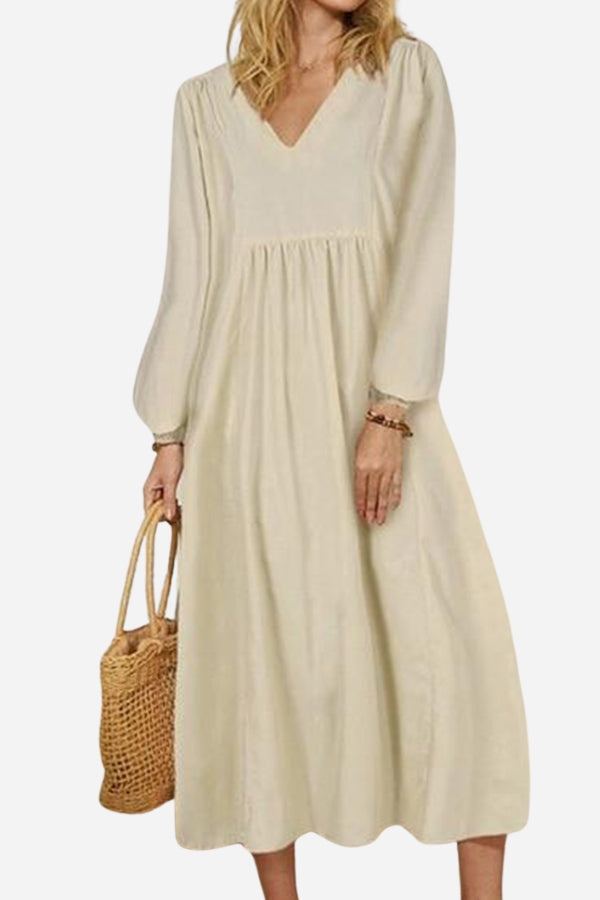 Autumn | Women's V-Neck Smocked Waist Midi Dress with Balloon Sleeves