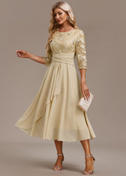 Karla™ | Champagne FLoral 3/4 Sleeve Round Neck Dress