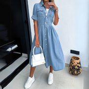 Jade | Women's Denim Button-Up Midi Dress Short Sleeve