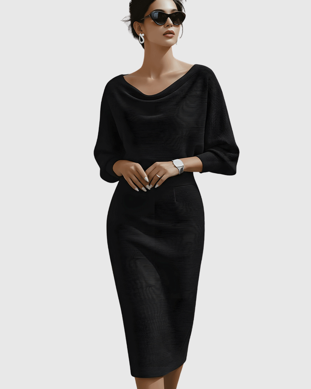 Vivienne | Women's Cowl Neck Batwing Sleeve Ribbed Midi Dress