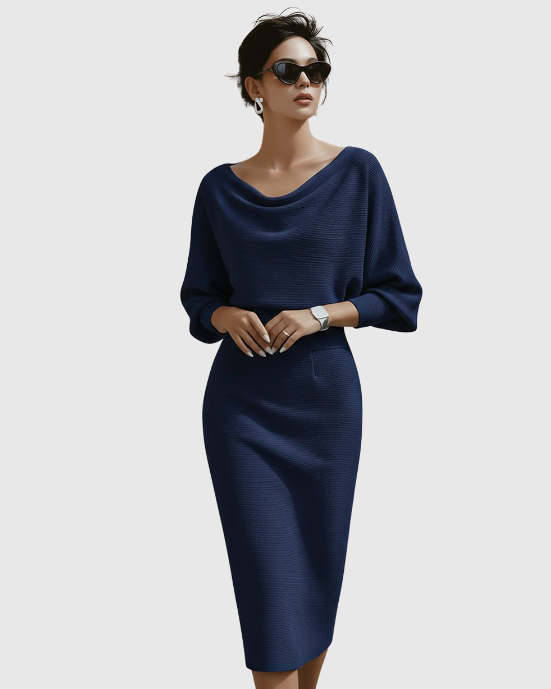 Vivienne | Women's Cowl Neck Batwing Sleeve Ribbed Midi Dress