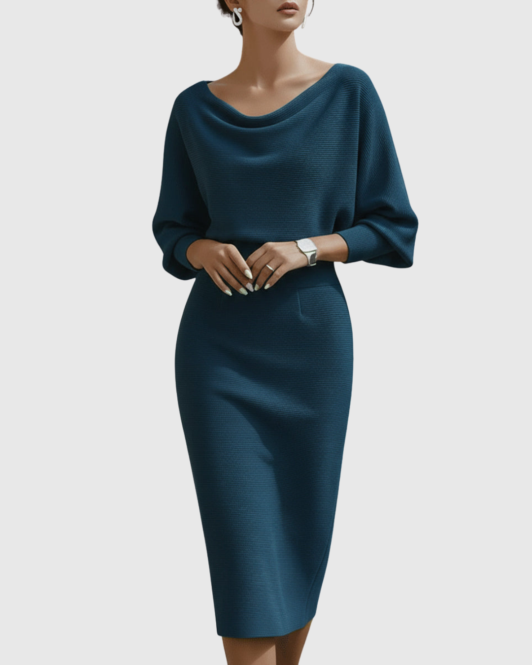 Vivienne | Women's Cowl Neck Batwing Sleeve Ribbed Midi Dress