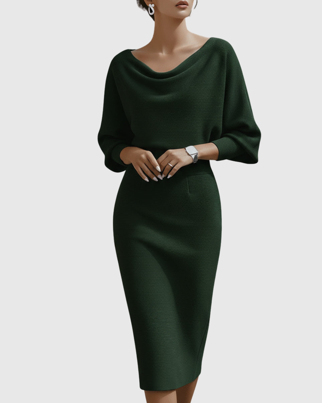 Vivienne | Women's Cowl Neck Batwing Sleeve Ribbed Midi Dress