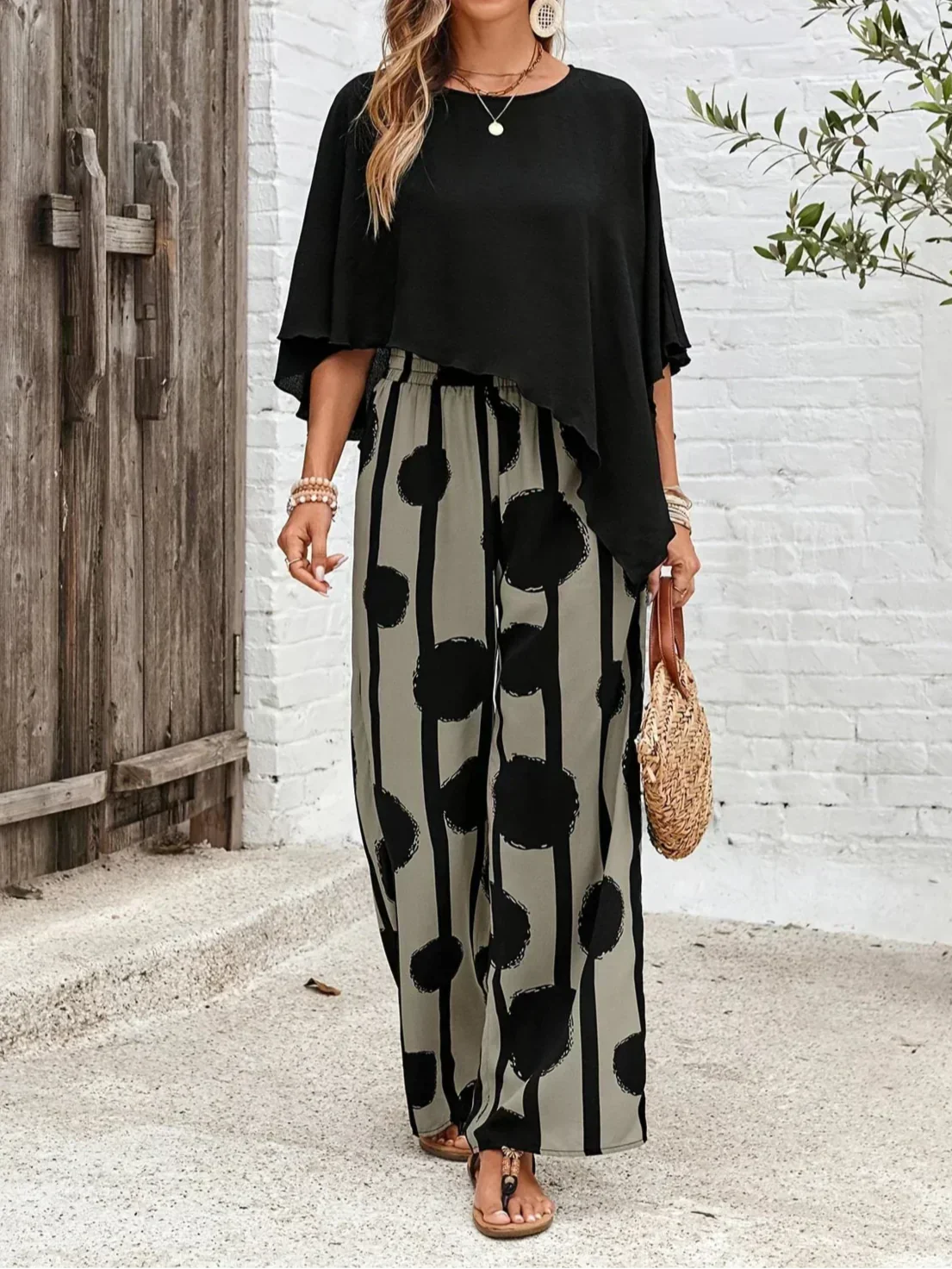 Sage | Women's 2 Piece Set Batwing Top and Wide Leg Print Pants