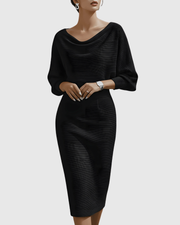 Vivienne | Women's Cowl Neck Batwing Sleeve Ribbed Midi Dress