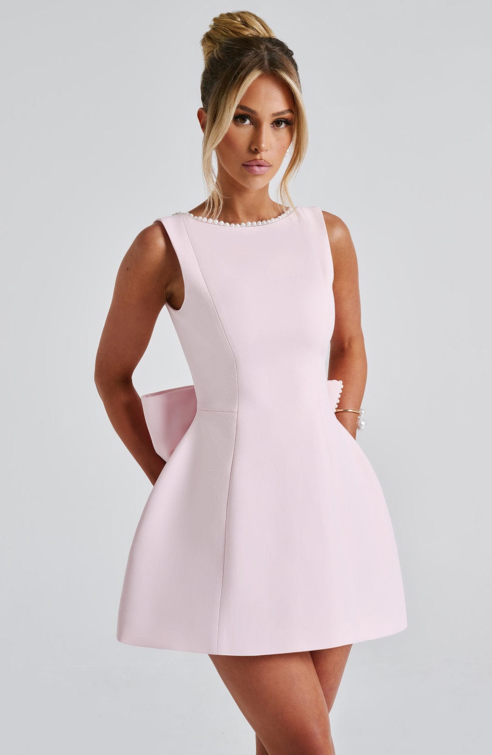 Celeste | Women's Pearl Trim A-Line Mini Dress Sleeveless
