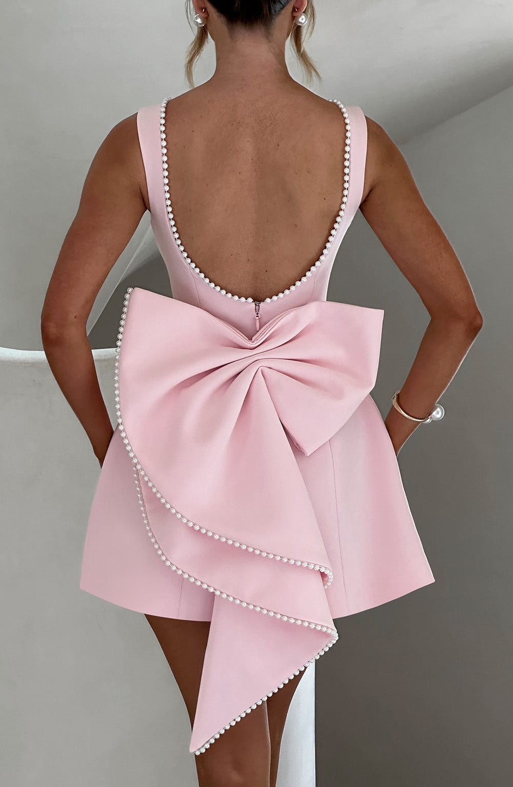 Celeste | Women's Pearl Trim A-Line Mini Dress Sleeveless