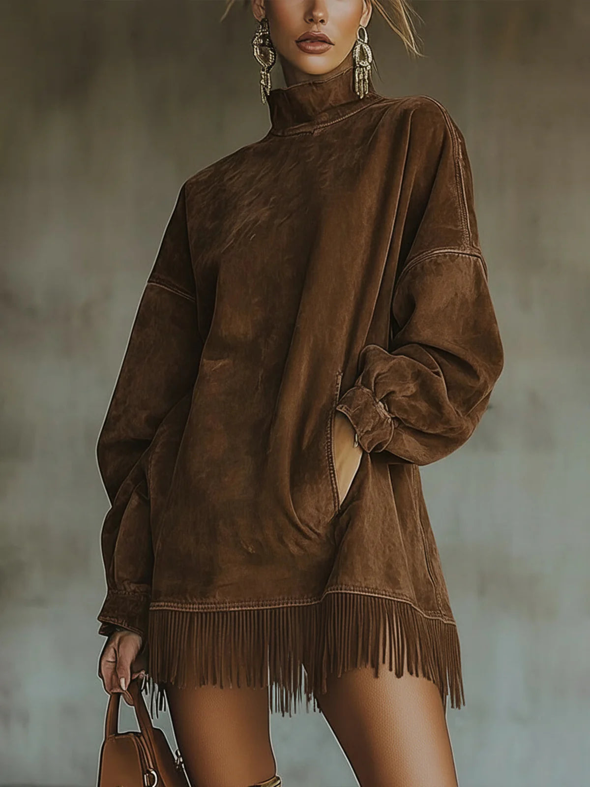 AMALIA - SUEDE HIGH NECK DRESS WITH FRINGE
