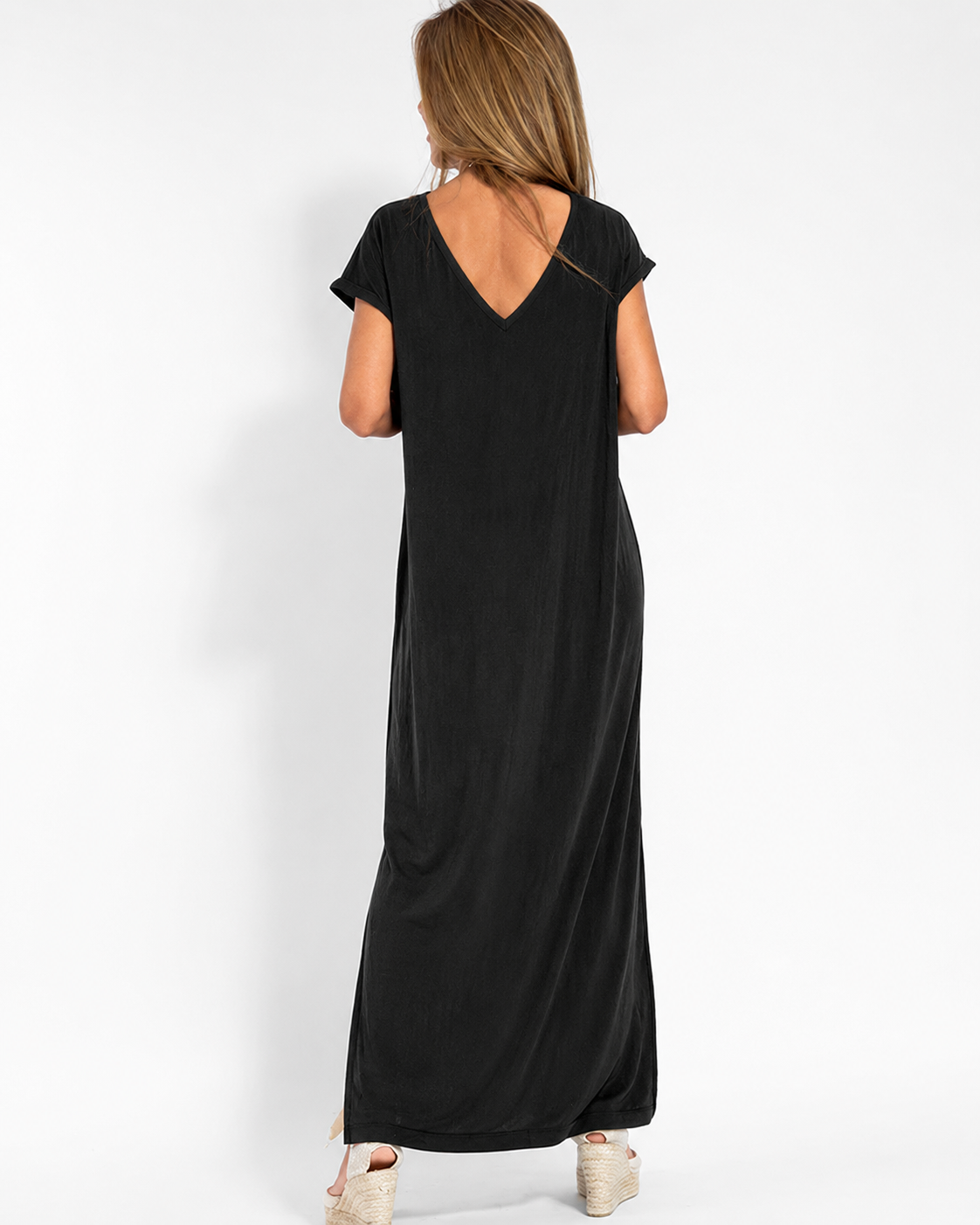 Coral | Women's V-Neck Short Sleeve Side Slit Maxi Dress