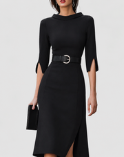Naomi | Women's Belted Mock Neck Midi Dress with Split Sleeves