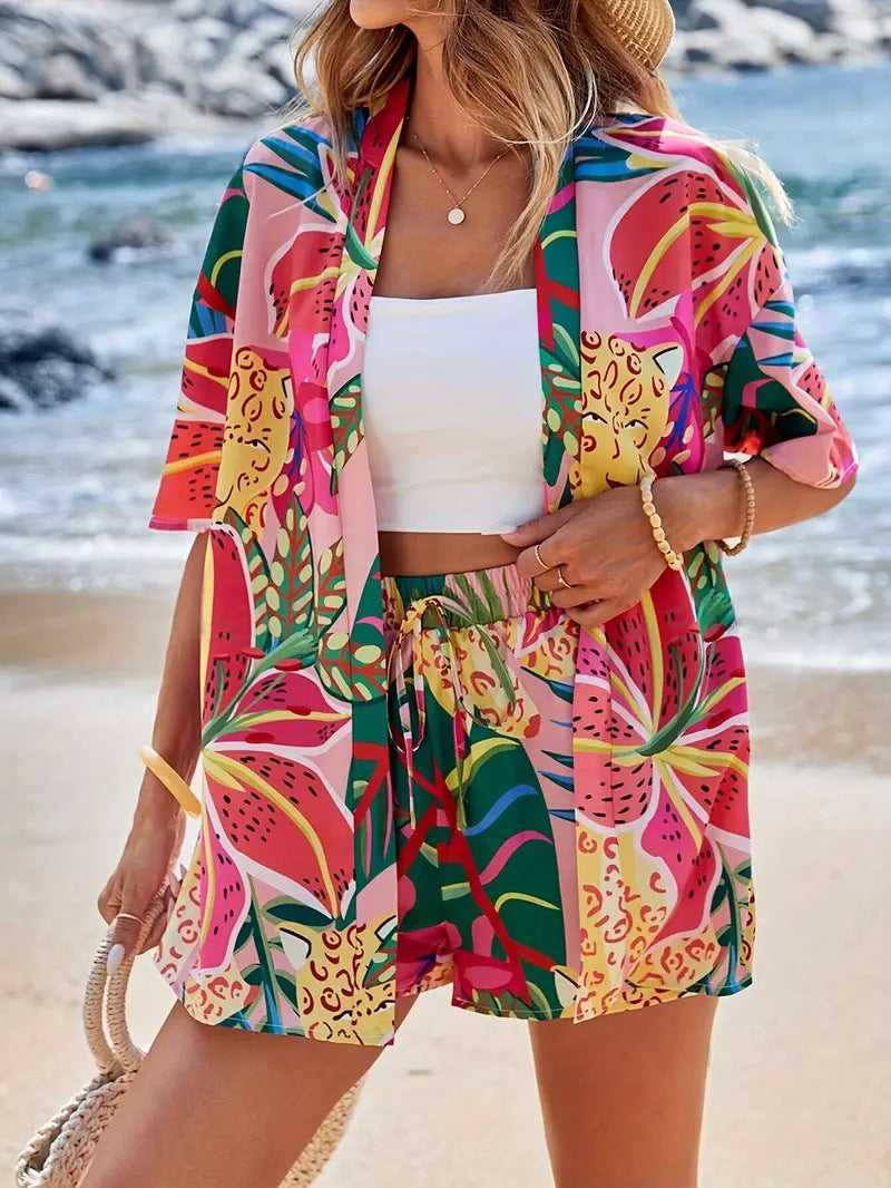 Clea | Women's Floral Kimono Cardigan and Shorts Two Piece Set