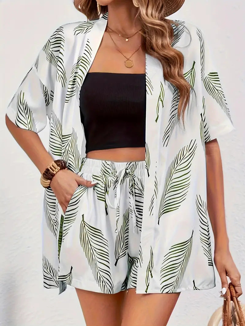Clea | Women's Floral Kimono Cardigan and Shorts Two Piece Set