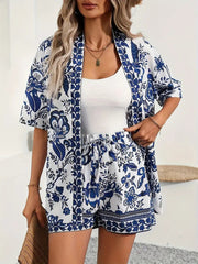 Clea | Women's Floral Kimono Cardigan and Shorts Two Piece Set