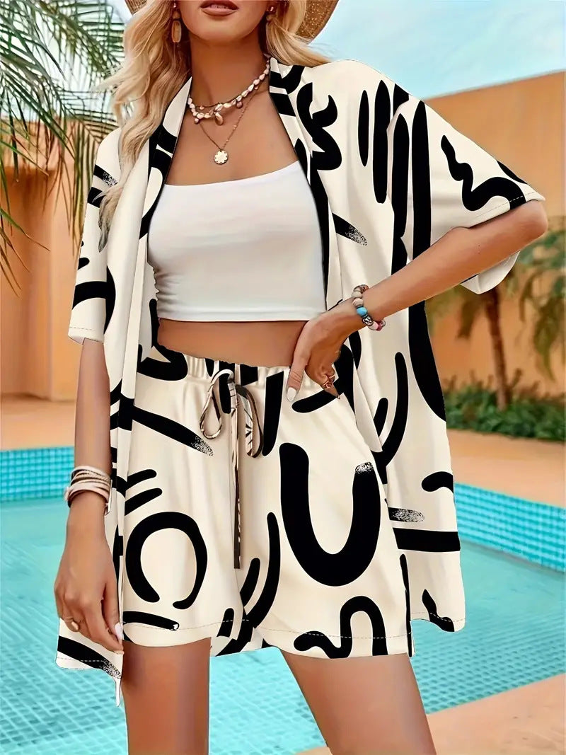 Clea | Women's Floral Kimono Cardigan and Shorts Two Piece Set