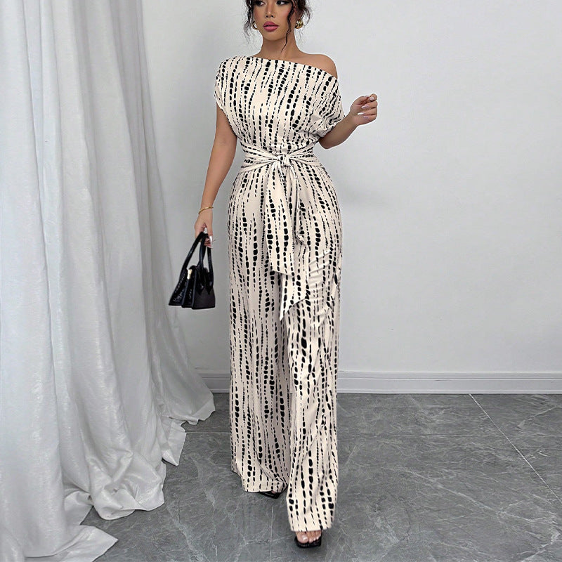 Zara | Women's Printed Wide Leg Jumpsuit One Shoulder Belted