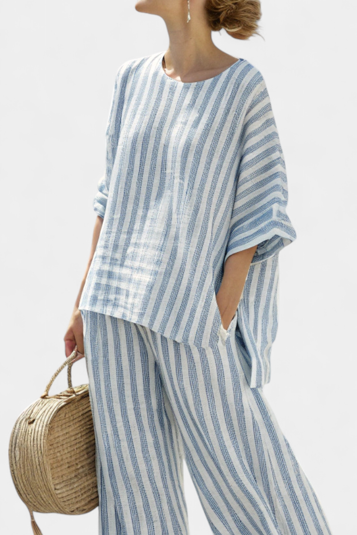 Marina | Women's Striped Casual Top & Wide Leg Pants Set