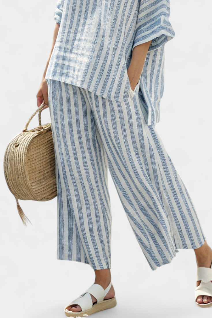 Marina | Women's Striped Casual Top & Wide Leg Pants Set
