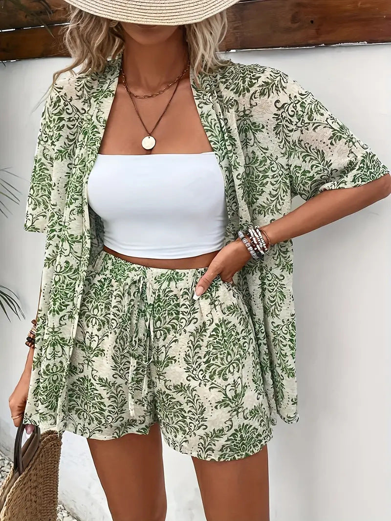 Clea | Women's Floral Kimono Cardigan and Shorts Two Piece Set