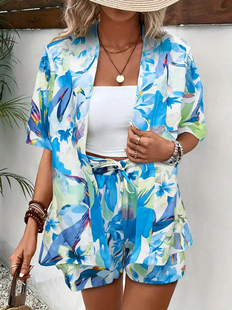 Clea | Women's Floral Kimono Cardigan and Shorts Two Piece Set