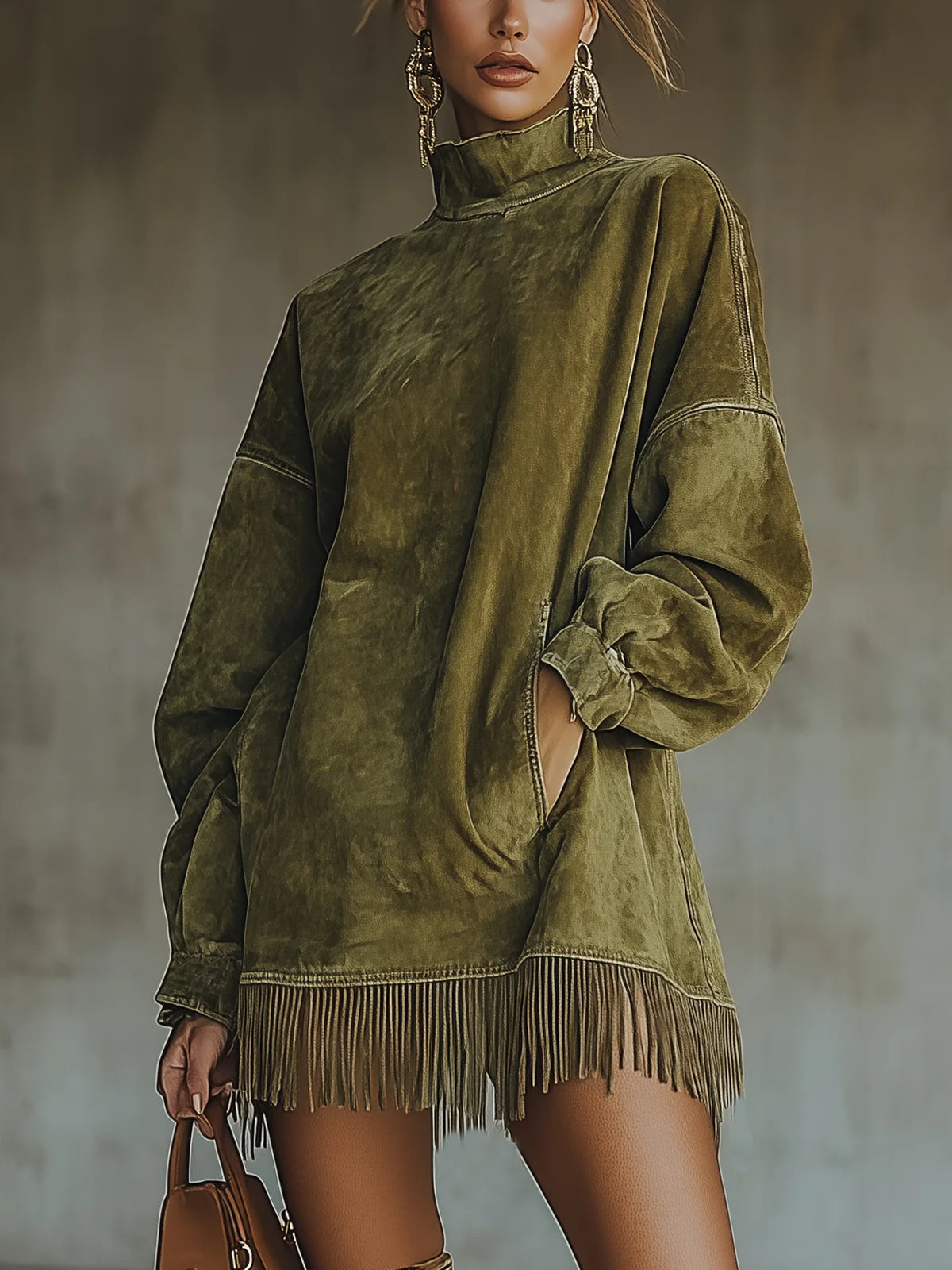 AMALIA - SUEDE HIGH NECK DRESS WITH FRINGE
