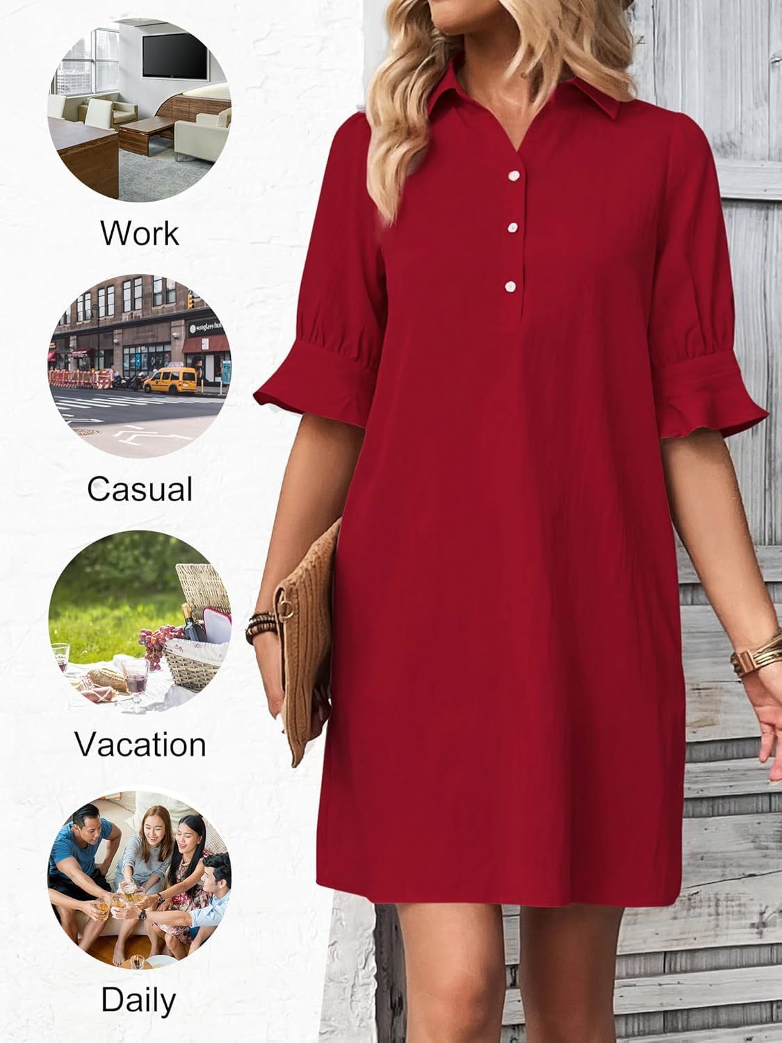 Harper | Women's Button-Down Shirt Dress 3/4 Sleeve Knee Length