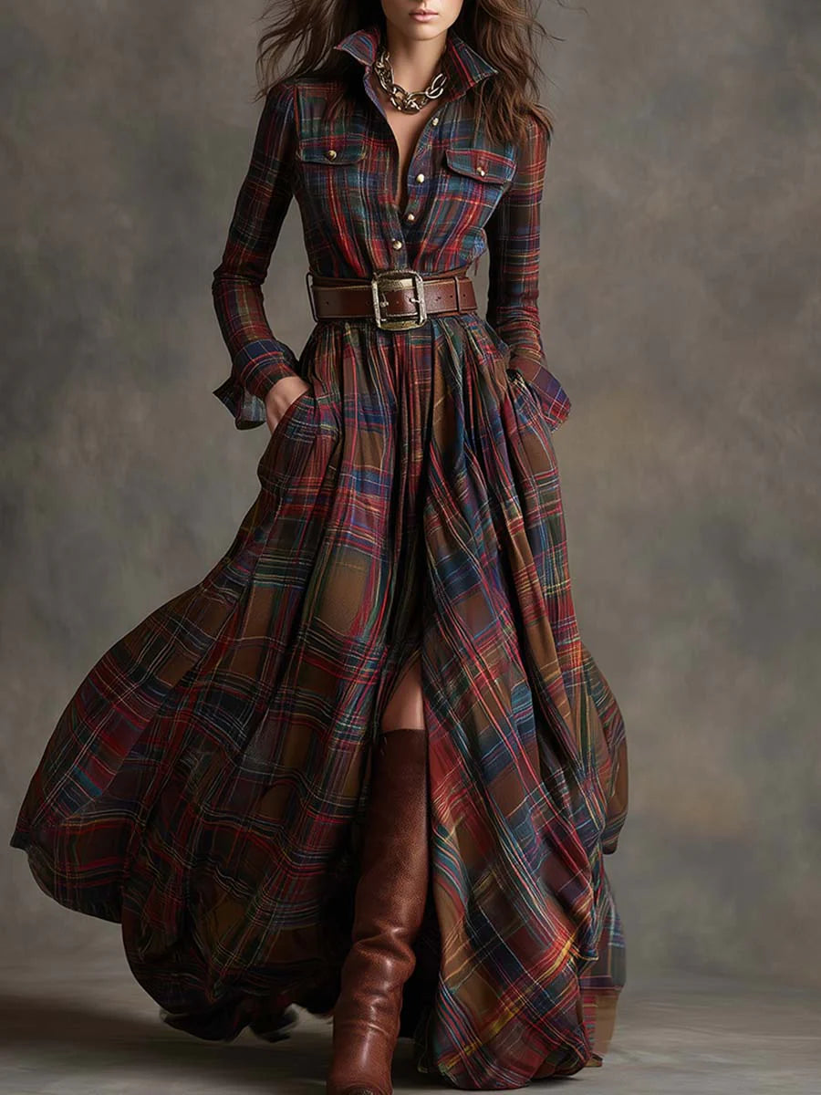 BEATRICE™ | BELTED PLAID MAXI DRESS