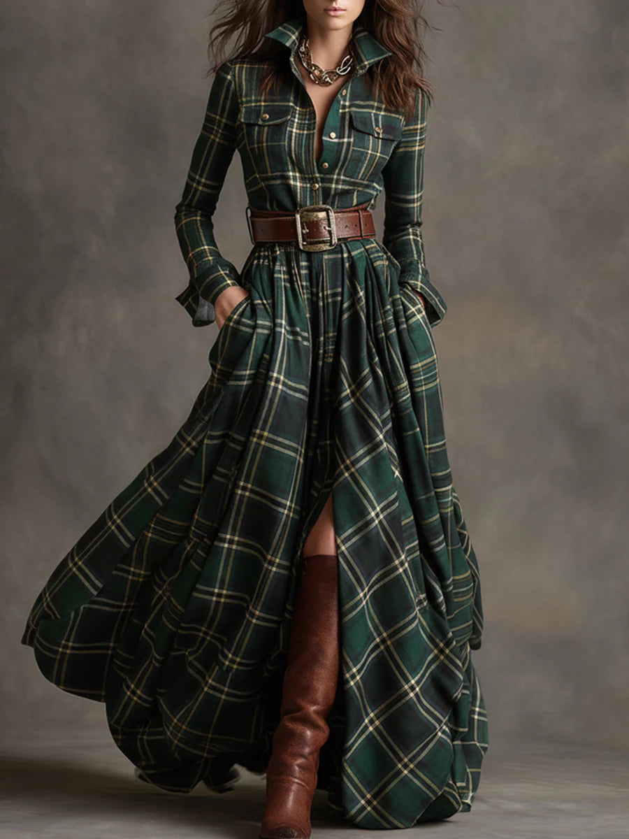 BEATRIZ - LONG PLAID DRESS WITH BELT