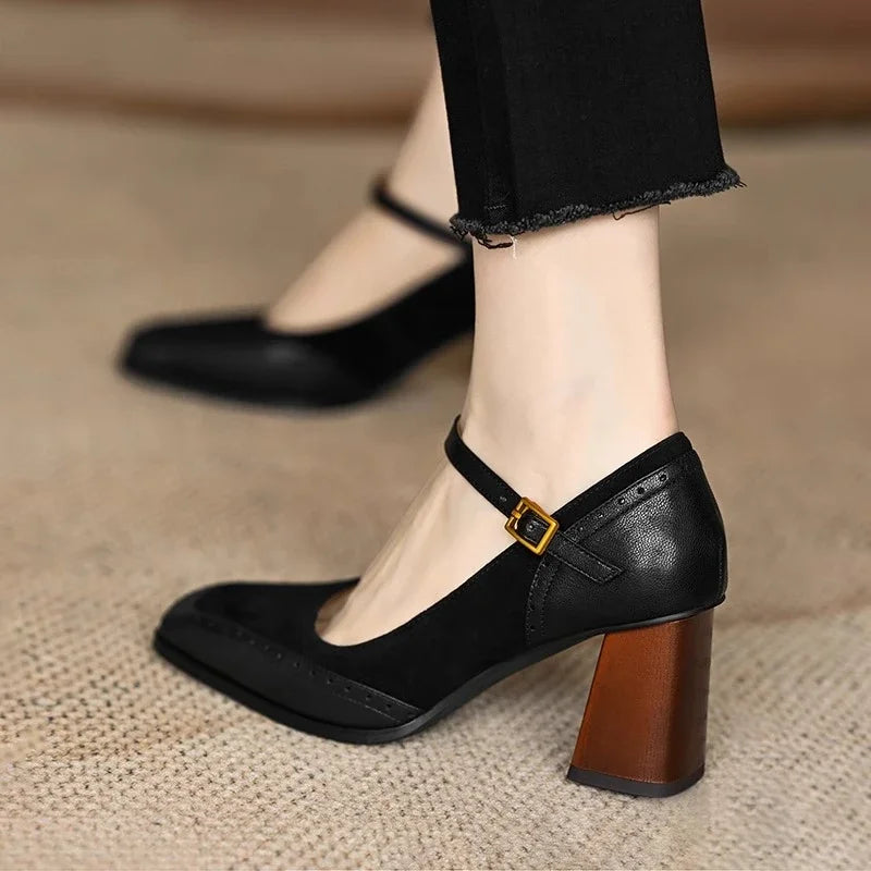 Constance | Women's Square Toe Block Heel Pumps Ankle Strap Brogue