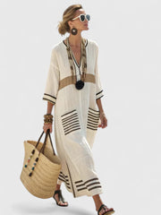 Serena | Women's V-Neck Kaftan Maxi Dress with Stripe Detail