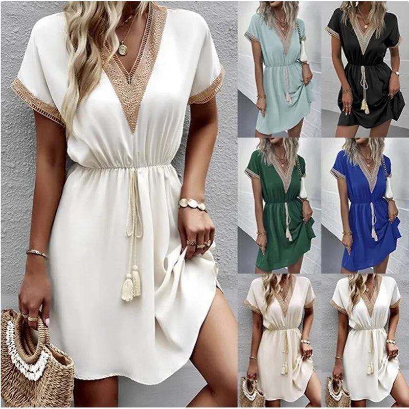 Matilda | Women's V Neck Boho Flowy Draped Dress Casual