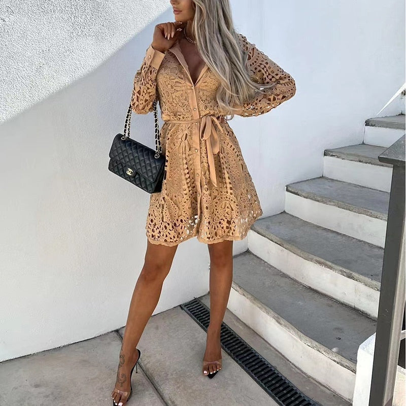 Bella | Women's Lace Mini Dress Long Sleeve V-Neck Belted