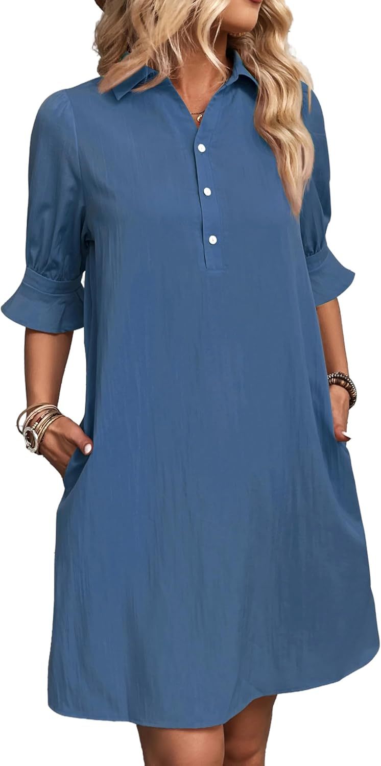Harper | Women's Button-Down Shirt Dress 3/4 Sleeve Knee Length