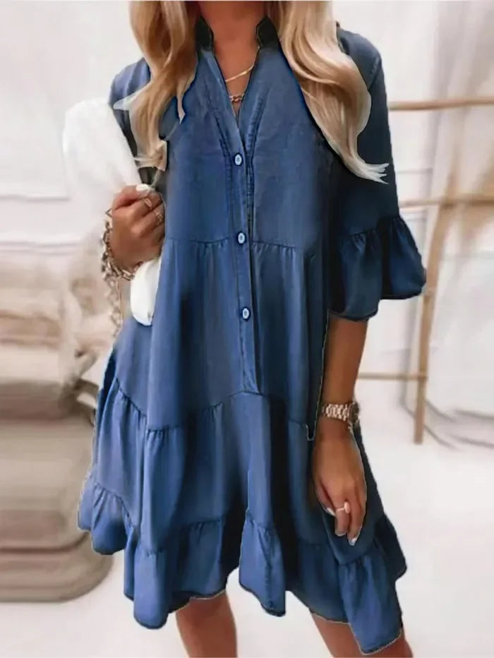 Billie | Women's Casual Tiered Ruffle Mini Dress Button-Down