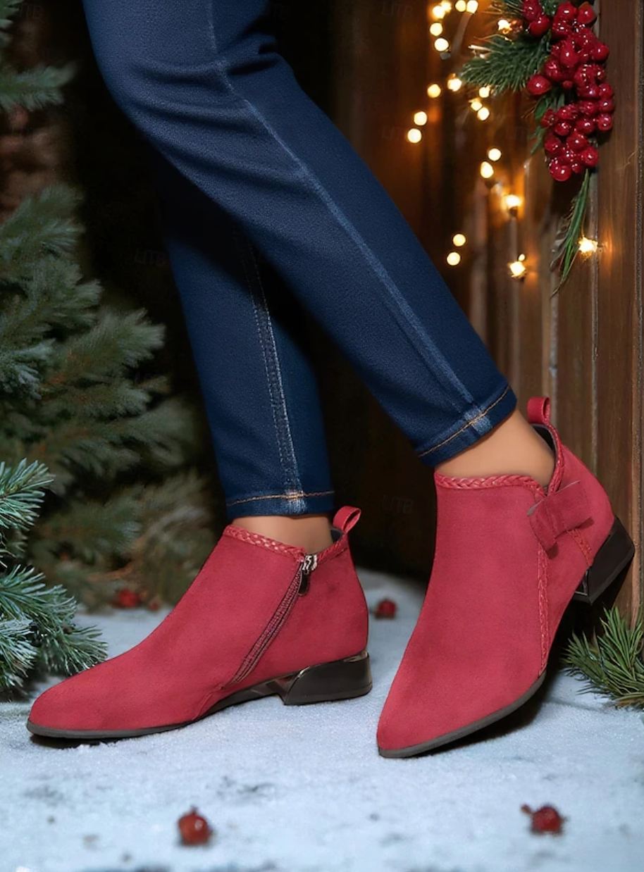 HOLLY™ WOMEN'S RED SUEDE SIDE BOW ANKLE BOOTS