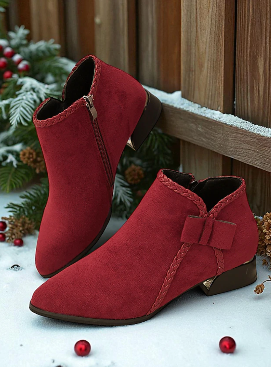 HOLLY™ WOMEN'S RED SUEDE SIDE BOW ANKLE BOOTS