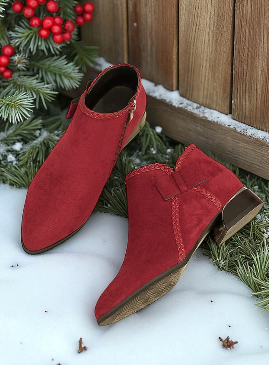 HOLLY™ WOMEN'S RED SUEDE SIDE BOW ANKLE BOOTS