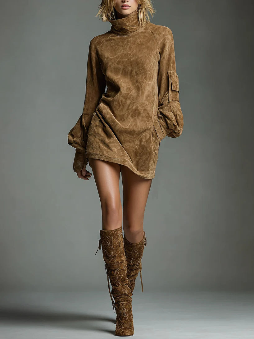 BELI™ | OVERSIZED SUEDE MINI DRESS WITH HIGH NECK