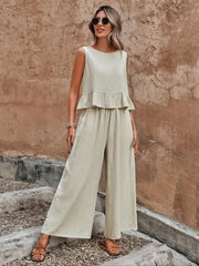 Sage | Women's Sleeveless Ruffle Top & Wide Leg Pants Set